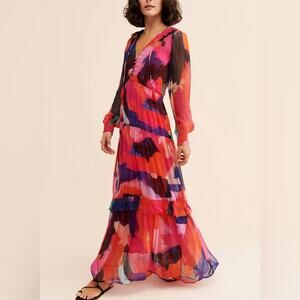 Anthropologie The Marais Women’s Printed Chiffon Tiered Ruffle Maxi Dress Sz S
